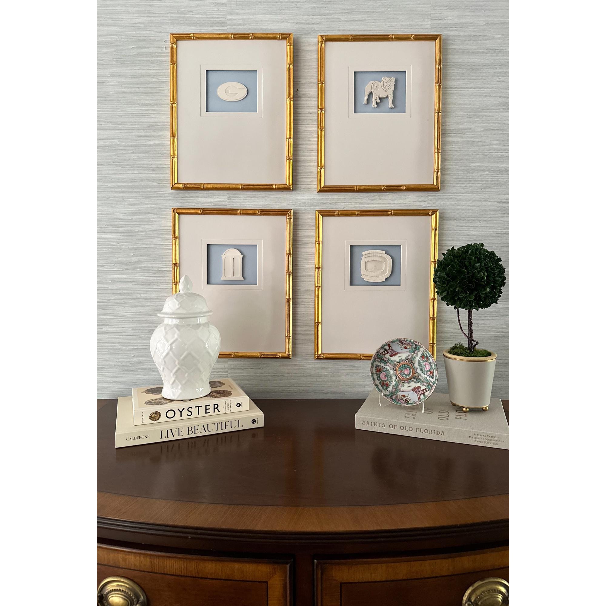 Set of 4 University of Georgia Collegiate Intaglios Custom Framed in Gold Bamboo