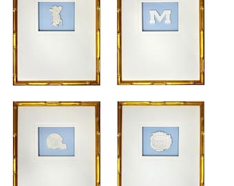 Set of 4 Ole Miss Collegiate Intaglios Custom Framed in Gold Bamboo