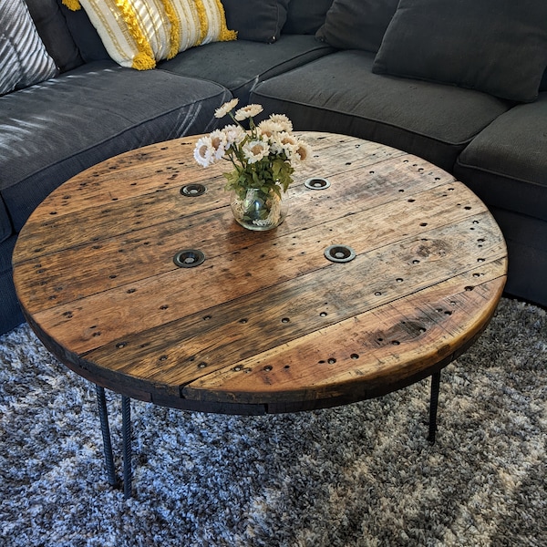 Upcycled Round Spool Coffee Table- Reclaimed wood & metal