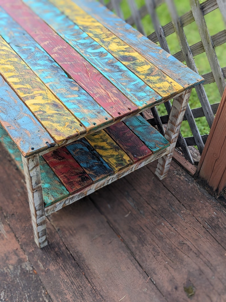 Vibrant Colorful Reclaimed Pallet Wood UPCYCLED Patio Coffee Table Vintage, Rustic Look FREE SHIPPING image 3