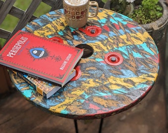 Upcycled Spool Side Table: Colorful Reclaimed Wood Patio Table