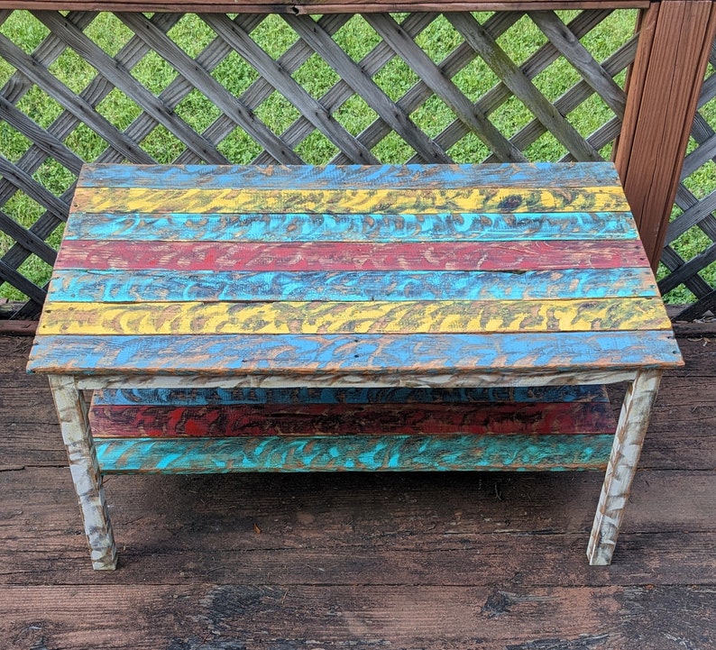Vibrant Colorful Reclaimed Pallet Wood UPCYCLED Patio Coffee Table Vintage, Rustic Look FREE SHIPPING image 2