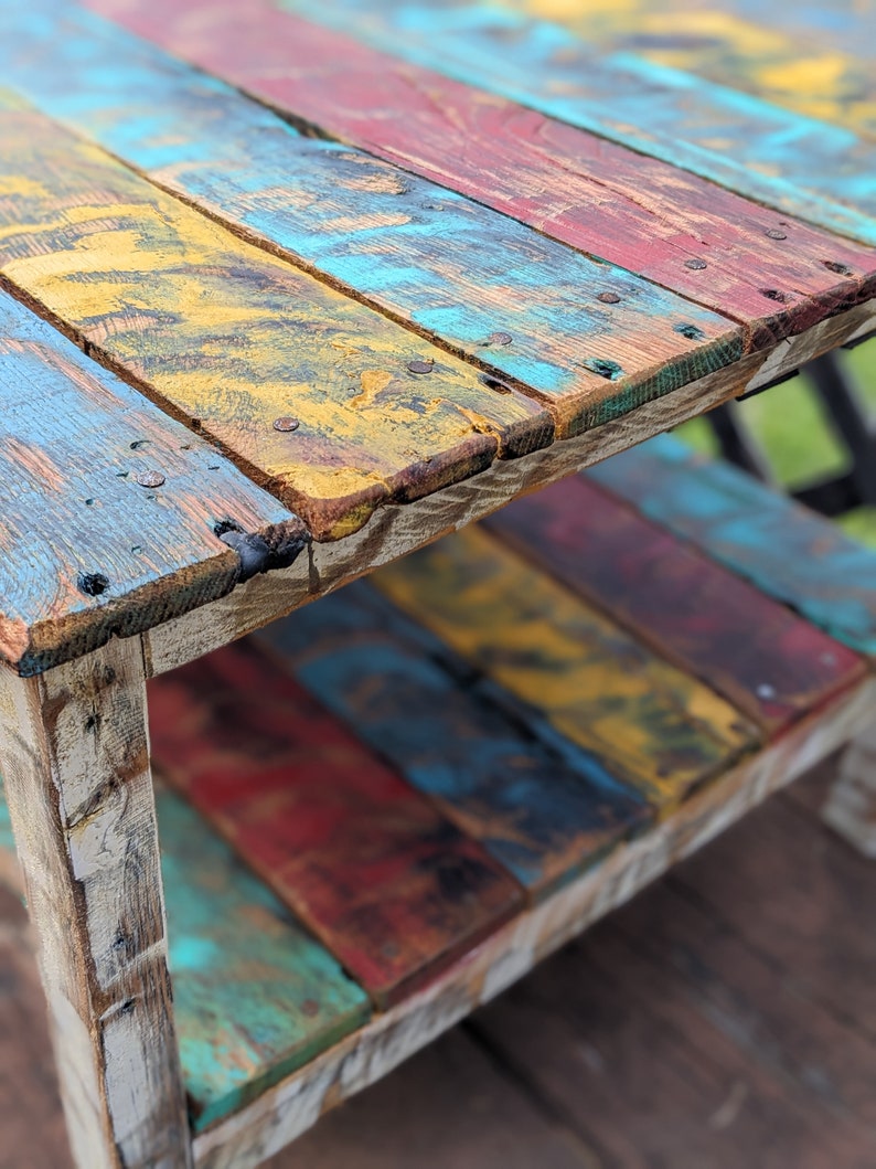 Vibrant Colorful Reclaimed Pallet Wood UPCYCLED Patio Coffee Table Vintage, Rustic Look FREE SHIPPING image 5