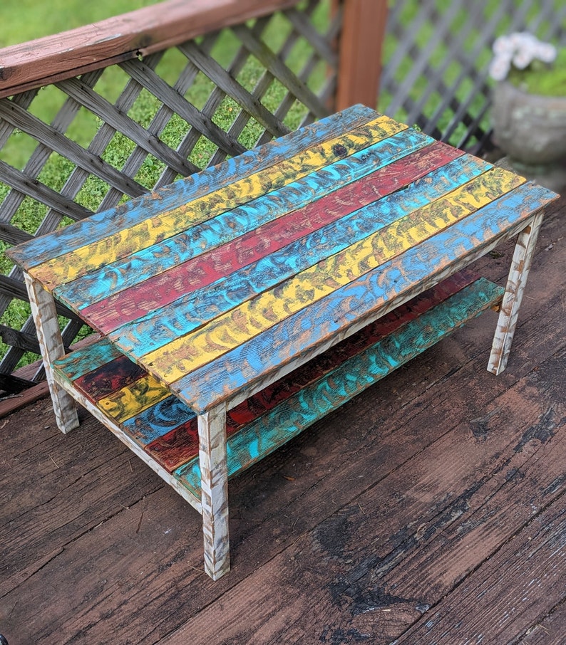 Vibrant Colorful Reclaimed Pallet Wood UPCYCLED Patio Coffee Table Vintage, Rustic Look FREE SHIPPING image 1