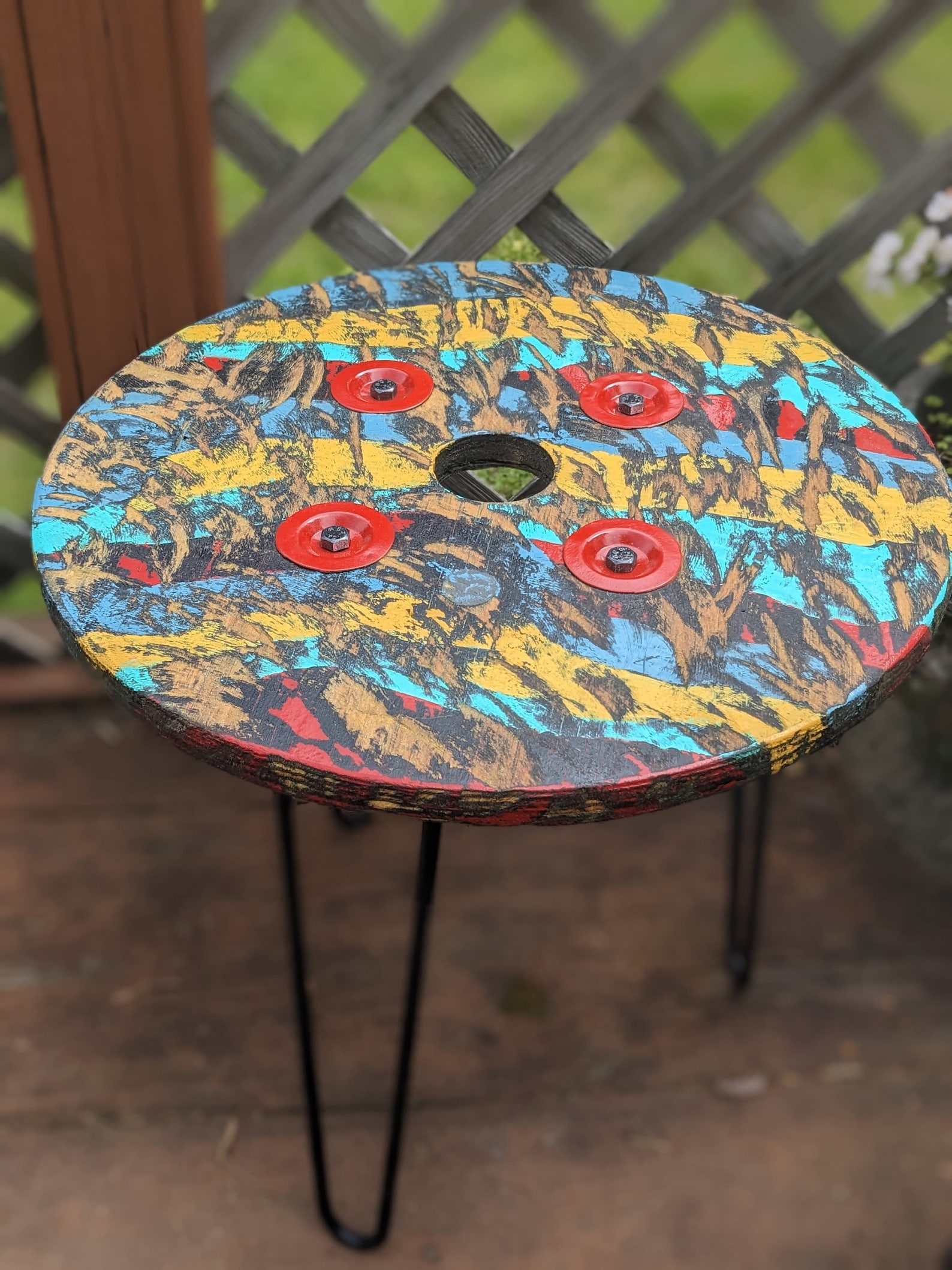 Colorful Reclaimed Spool Round UPCYCLED Patio Side Table - Etsy