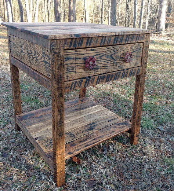End Table bedside Table With Cabinet Reclaimed Pallet Wood Vintage
