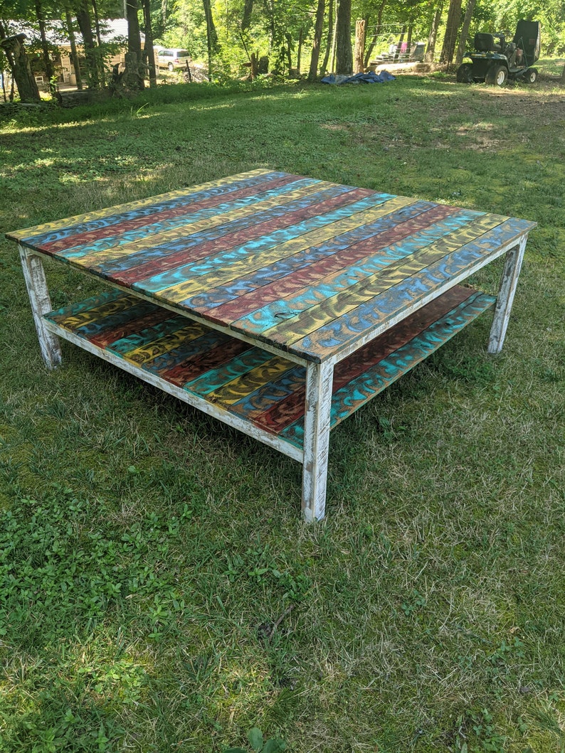 Vibrant Colorful Reclaimed Pallet Wood UPCYCLED Patio Coffee Table Vintage, Rustic Look FREE SHIPPING image 7