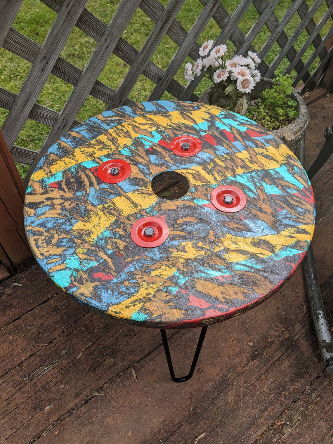 Colorful Reclaimed Spool Round UPCYCLED Patio Side Table - Etsy