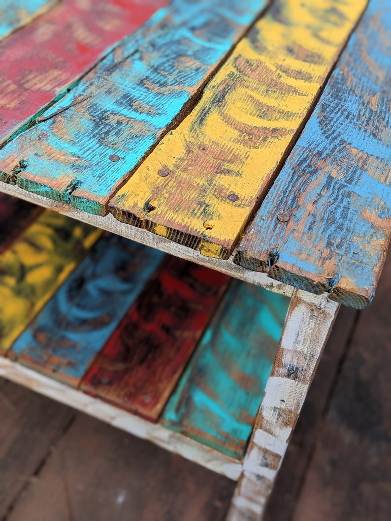 Vibrant Colorful Reclaimed Pallet Wood UPCYCLED Patio Coffee Table Vintage, Rustic Look FREE SHIPPING image 4