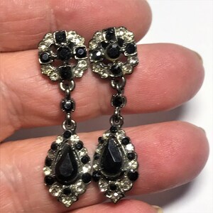 Vintage black and clear rhinestone drop dangle pierced earrings.
