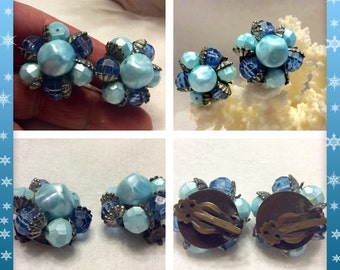 Beautiful blue beads cluster clip on earrings. 1950's