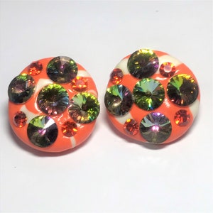 Hand Made orange and white clay with rivoli rhinestones clip on earrings