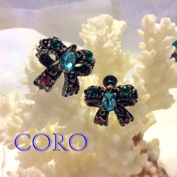 Vintage 1940s Coro screwback rhinestone ribbon bo… - image 1