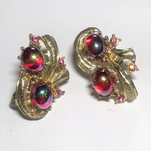 red watermelon glass cabochons gold metal bow ribbon clip on earrings