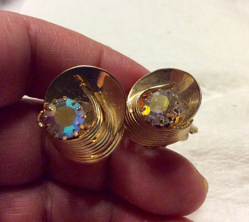 Aurora Borealis Rhinestone Gold Metal Hurricane Earrings. Etsy