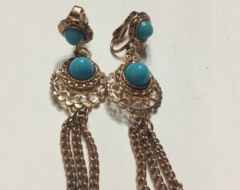 Vintage turquoise cabochons chain drop dangles clip on earrings