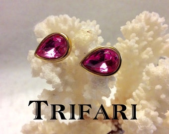 Vintage Trifari pink rhinestone teardrop pierced earrings.