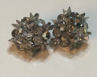 Vintage 1950s clip on earrings clear rhinestones and silver sequins