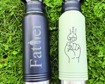 Personalized Father's Day Water Bottle, Custom 32 oz Dad Fist with Kids Name Engraved Tumbler, Gift for Papa, Birthday Anniversary Present