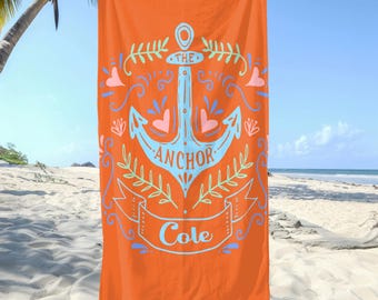 Personalized Anchor Beach Towel,Custom Boat Yatcht Gift for Mom/Dad,Unique Name Pool Towel,Sailing Design Text Towel for Sailor,Family Towel