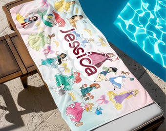 Custom Disney Princess BeachTowel, Personalized Name Princess Pool Towel, Vacation Gift for Girls Kids, Summer Vacation Present for Girls