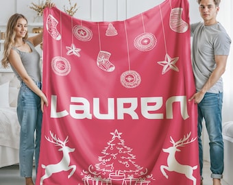 Custom Christmas Tree Blanket with Name, Personalized Deer Pattern Name Blanket Gift, Happy New Year 2025 Present For Family Members