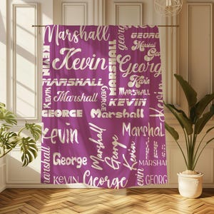 May include: A pink shower curtain with the names Kevin, Marshall, and George repeated in a white script font.