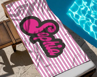 Custom Retro Beach Towel,Personalized Striped Pool Towel,Family Vacation, Birthday Gift, Bridesmaid Towel,Hippi 70s 80s 90s Kids Pool Towel