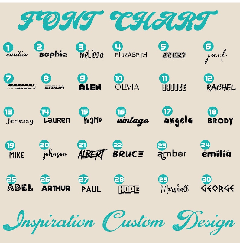 K&ouml;nnte beinhalten: Eine Schriftartentabelle mit 30 verschiedenen Schriftarten, jeweils mit einer Nummer und einem Namen versehen. Der Text "FONT CHART" und "Inspiration Custom Design" ist in t&uuml;rkisfarbener Schrift auf beigem Hintergrund.