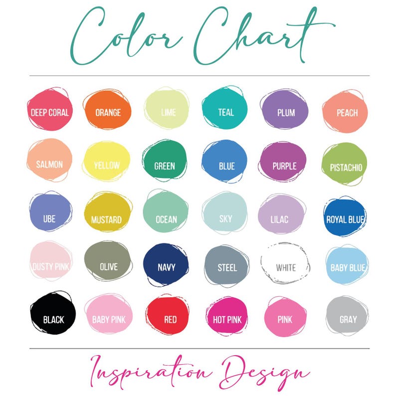 K&ouml;nnte beinhalten: Eine Farbkarte mit einer Vielzahl von Farben, darunter Tiefkoralle, Orange, Limette, T&uuml;rkis, Pflaume, Pfirsich, Lachs, Gelb, Gr&uuml;n, Blau, Lila, Pistazie, Ube, Senf, Ozean, Himmel, Flieder, K&ouml;nigsblau, Staubrosa, Olive, Marine, Stahl, Wei&szlig;, Babyblau, Schwarz, Babyrosa, Rot, Pink, Rosa und Grau. Die W&ouml;rter "Farbkarte" und "Inspiration Design" sind ebenfalls vorhanden.