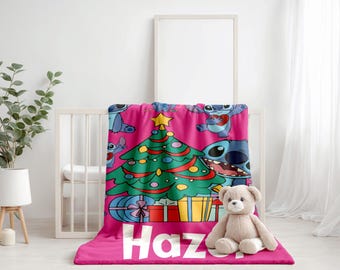 Personalized Stitch Xmas Blanket, Custom Name Disney Blanket, Stitch Blanket,Disney Trip Blanket, Birthday Present,Christmas Gift for Childs