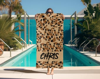 Custom Tiger Design Name Beach Towel,Personalized Leopard Pattern Pool Towel,Christmas Present for Mom Grandma, Gift for Her,Home Bath Decor