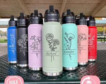 Personalized Birth Month Flower 32oz Water Bottle, Custom Mother's Day Name Engraved Gift for Mom Grandma,Flower Design Birthday Tumbler Mug