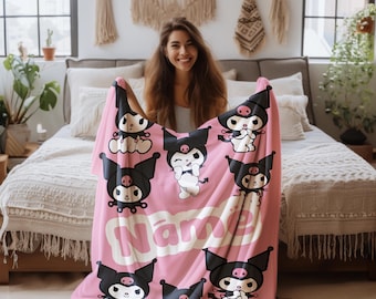 Custom Name Kuromi Blanket, Personalized Blanket Present, Kuromi Gift for Kids/Girls, Animation Birthday Girl