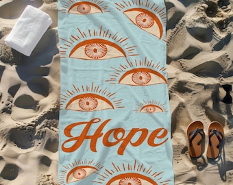Personalized Evil Eye Name Beach Towel, Custom Eye Design Pool Towel, Summer Vacation Present, Celestial Law of Attraction, Gift For Her Him