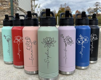 Custom Birth Flower 32oz Water Bottle, Personalized Mother's Day Name Engraved Gift, Present for Mom Grandma,Floral Design Birthday Tumbler
