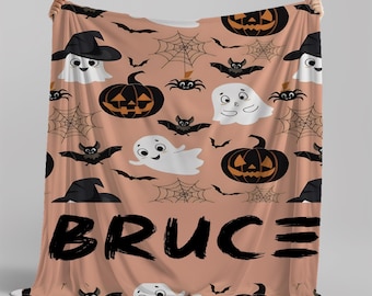 Custom Halloween Name Blanket, Personalized Ghost Name Blanket, Halloween Design Couch Throw, Cute Halloween Gift For Boy Girl Kids Toddlers
