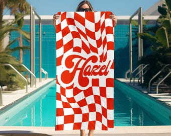 Personalized Checkered Name Beach Towel, Customized Vans Retro Pattern Pool Towel, Bachelorette Bridesmaid Present, Gift For Her Bride Groom