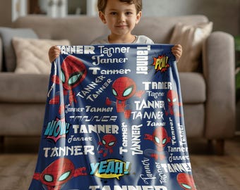 Personalized Name Superhero Blanket, Custom Spider Man Friends Throw,Custom Captain America Blanket Birthday Gift for Kids/Boys, Avengers