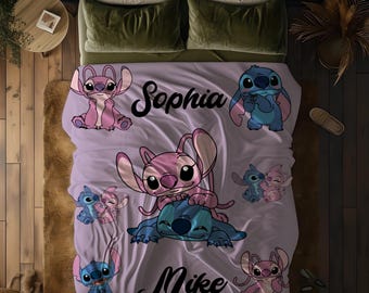Custom Stitch & Angel Valentine Blanket, Personalized Disney Stich Present For Lovers, ,Annivesary Gift for Couple