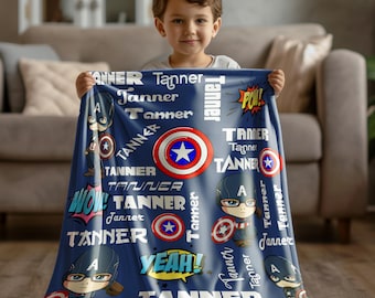 Personalized Name Superhero Blanket, Custom Captain America Friends Throw, Birthday Gift for Kids/Boys, Avenger Comicbook Cartoon Design