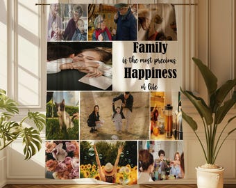 Personalized Photo Collage Memorial Blanket, Custom Family Grandma Mom Dad Best Family Picture Throw, Image Text Christmas Gift for Her Him