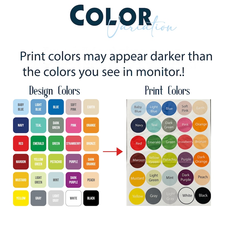 K&ouml;nnte beinhalten: Ein Bild, das eine Farbkarte mit dem Text "COLOR Variation" zeigt. Die Karte vergleicht "Design Colors" und "Print Colors" und zeigt m&ouml;gliche Farbvariationen. Die Karte enth&auml;lt eine Reihe von Farben wie Blau, Gr&uuml;n, Rosa und Orange.