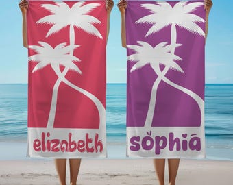 Palm Tree Custom Beach Towel, Personalized Summer Name Pool Towel, Birthday Vacation Travel Present, Unique Gift For Couples,Home Bath Decor