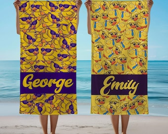 Custom Pleasant Duck Kids Beach Towel, Personalized Name Pool Towel, Cute Yellow Cartoon Duck Design, Unique Design Gift for Baby/Her/Girls