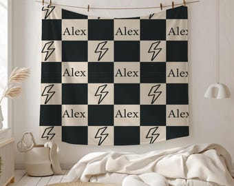 Personalized Baby Boy Girl Name Blanket,Custom Baby Shower Gift for Newborn Toddler Checkered Custom Name Throw,Lightning Custom Name Throw
