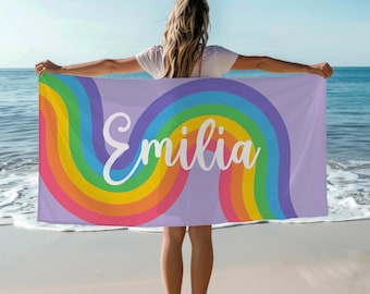 Custom Kids Rainbow Beach Towel, Personalized /Girls/Boys Pool Towel, Colorful Towel with Name, Unique Summer Birthday Pool Party Gift