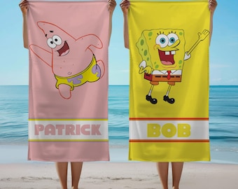 Personalized SpongeBob Towel, Custom Name Cartoon Style Gift, Fun Summer Pool Towel for Children, Soft Absorbent Bath Towel
