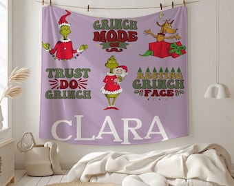 Custom Name Grinch Blanket,Personalized Cartoon Blanket For Boy and Girl, Green Christmas Tree Inflated Blanket, Funny Throw Blanket Xmas