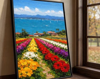 Vibrant Flower Field Canvas Print, Coastal Ocean View, Modern Home Decor